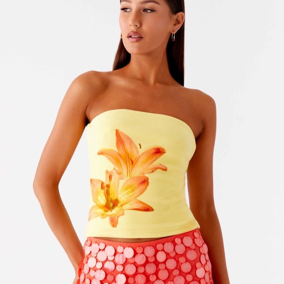 Peppermayo Tops - Peppermayo Yellow Strapless Top with Orange Floral Design